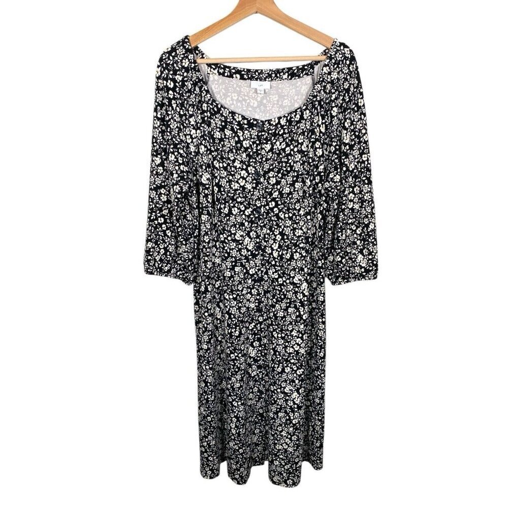 J Jill Button Front Midi Dress XL Black Garden Ditsy Floral Cottage Stretch Knit